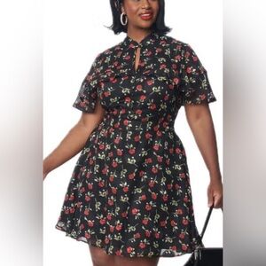 Unique Vintage Black Dress with Red Floral Pattern